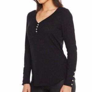 [Chaser] Black Waffle Knit Long Sleeve Henley Top